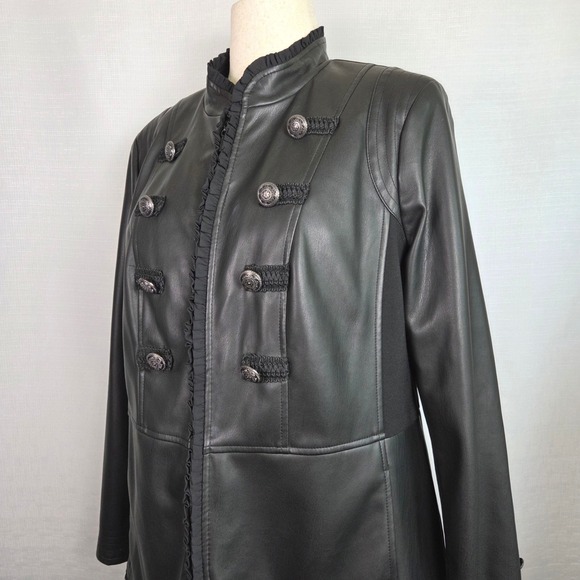 Chico's Faux Leather Black Military Style Jacket Ruffle Trim Moto Size 2 Large - Picture 1 of 9